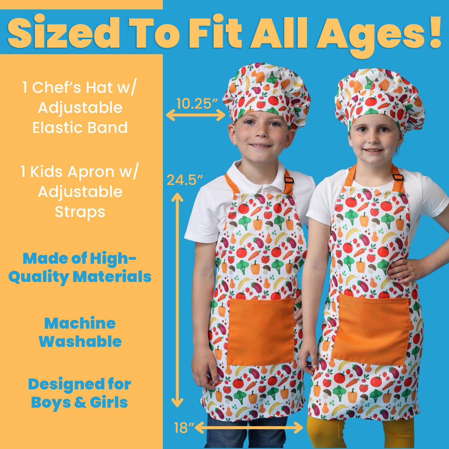 RiseBrite Real Kids Cooking Set With Vegetable Apron - Sized to Fit All Ages. 10.25 inch adjustable hat, 24.5 by 18 inch adjustable apron