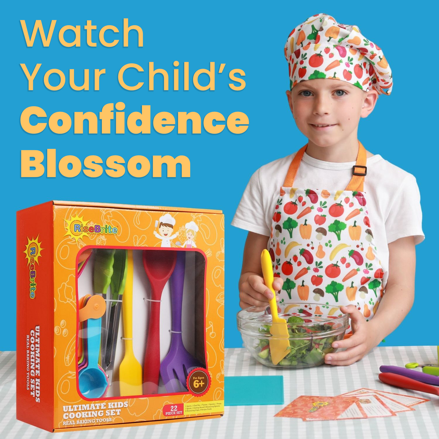 RiseBrite Real Kids Cooking Set With Vegetable Apron - Watch You Child's Creativity Blossom!