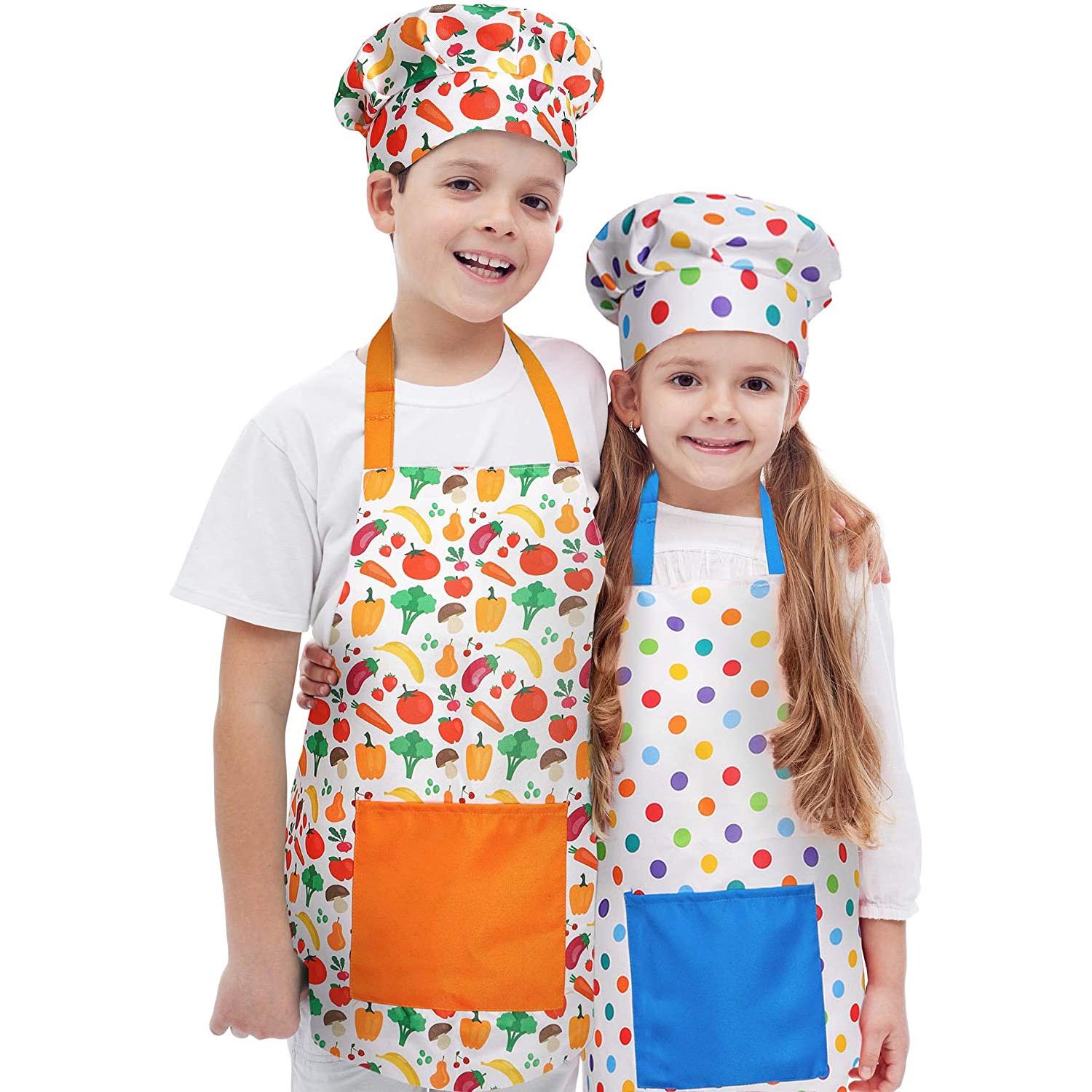 Boy And Girl Wearing RiseBrite Polka Dot And Vegetable Aprons And Chef Hats