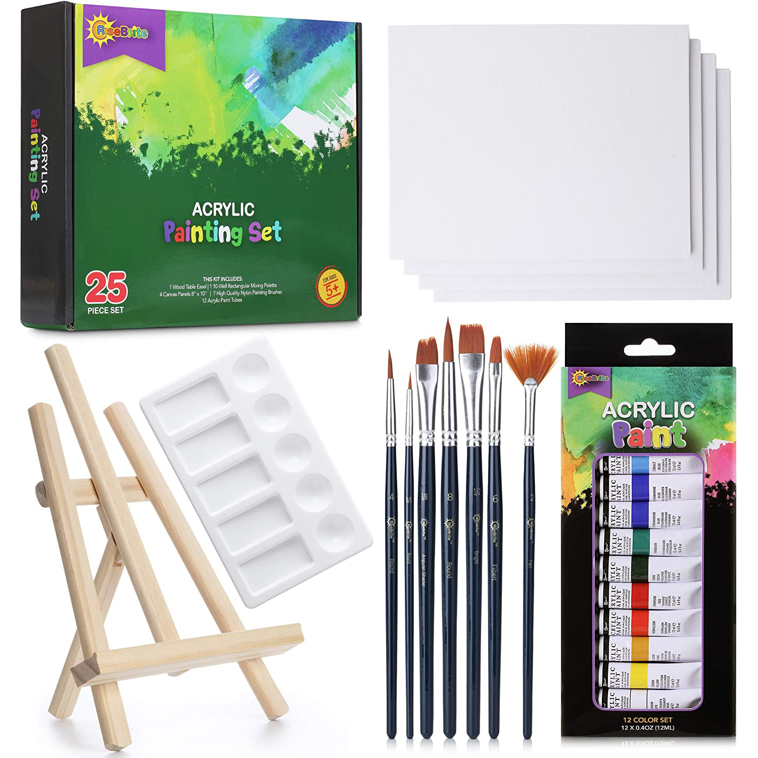 RIseBrite Acrylic Paint Set With Canvas, Palette And Tabletop Easel