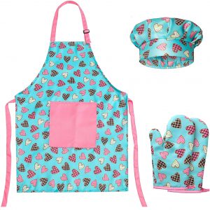 RiseBrite Kids Pink Heart Apron, Chef Hat And Mitt Set For Girls