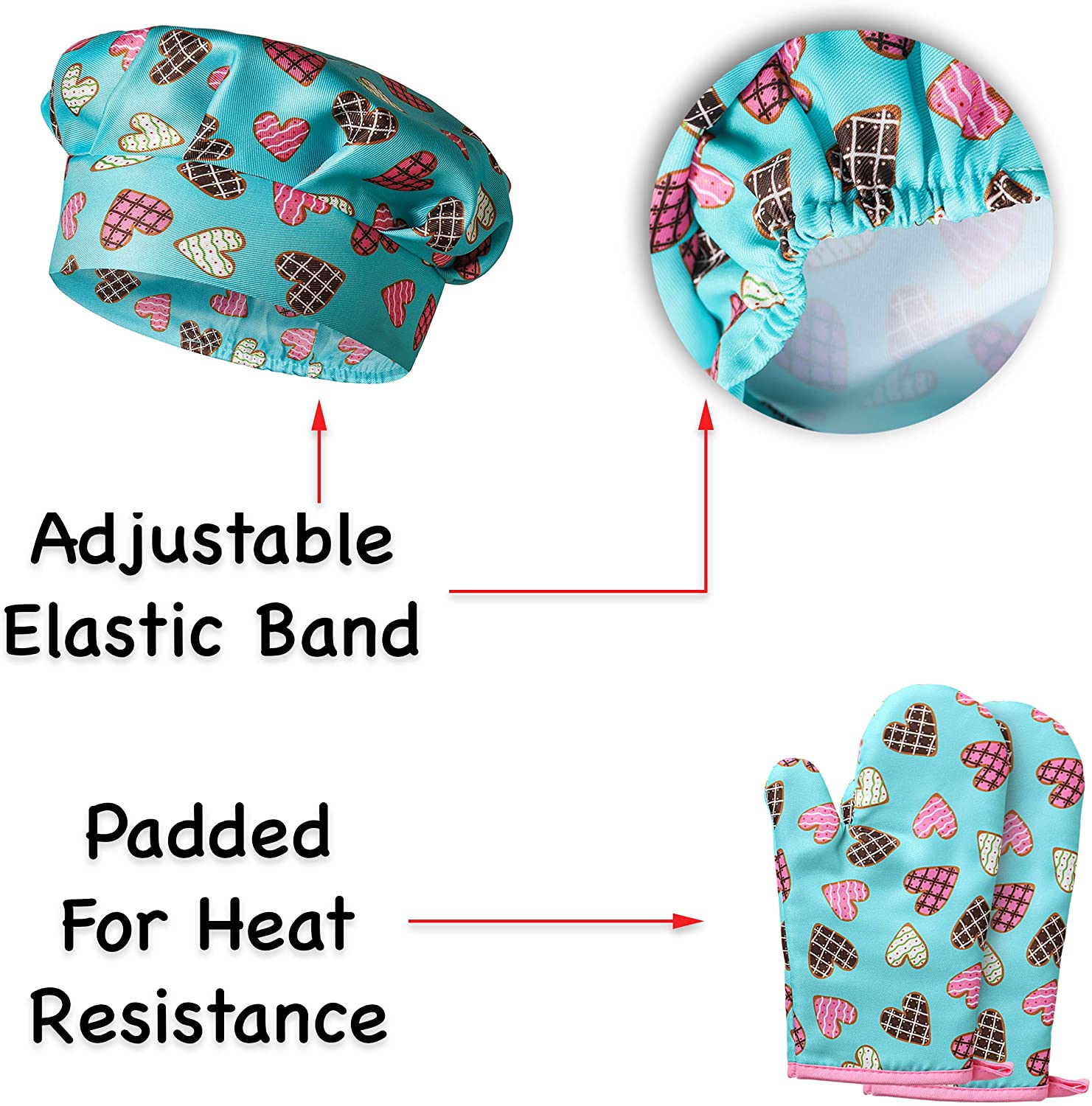 RiseBrite Girls Pink Heart Chef Hat Adjusts To Fit And The Mitt Is Padded For Safety