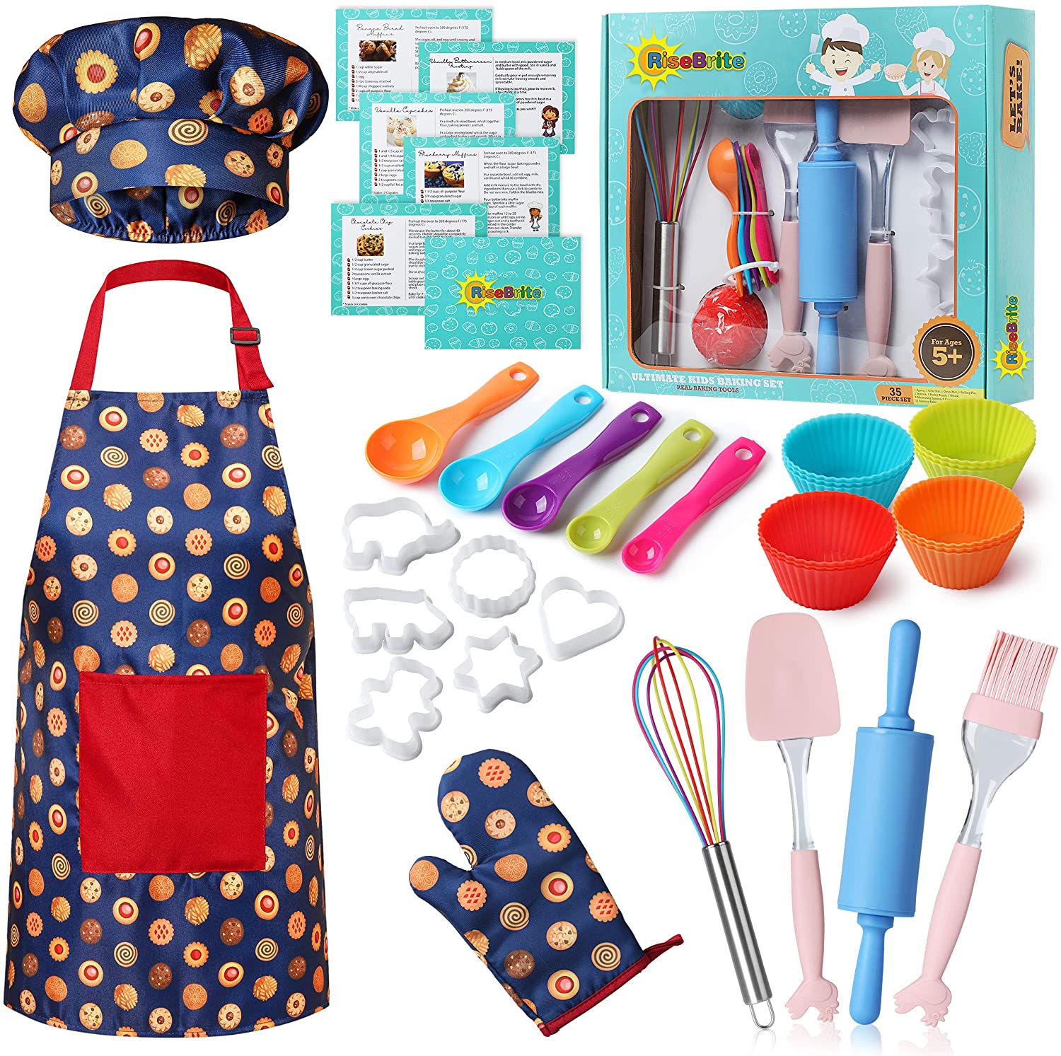 RiseBrite Kids Baking Set With Blue Cookies Apron, Chef Hat And Mitt
