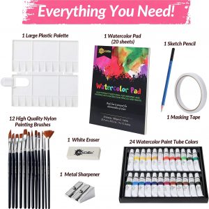 RiseBrite Watercolor Paint Set Includes 24 Paint Tubes, 20 Sheet Paint Pad, 12 Nylon Brushes, Palette And More