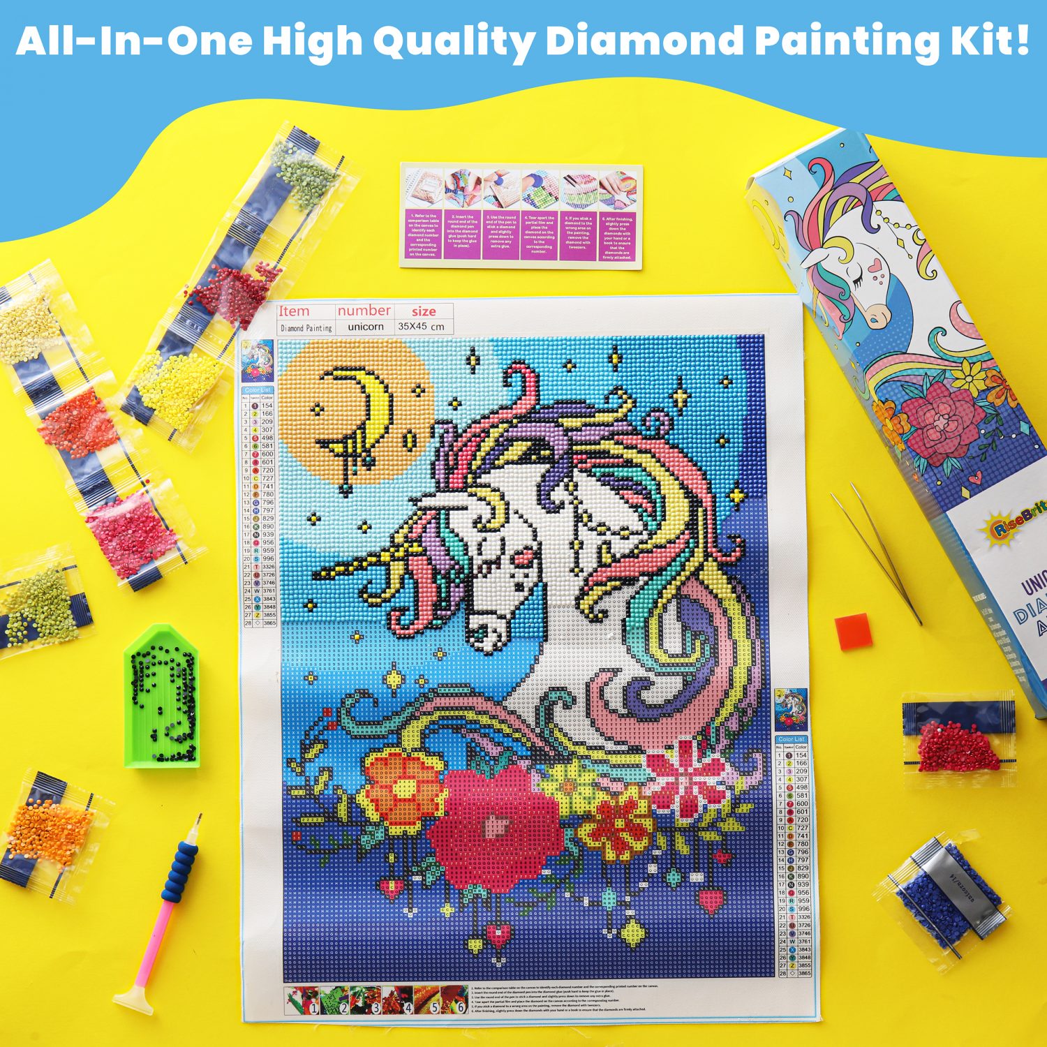 RiseBrite Diamond Painting Kit Unicorn 12x15 - All In One High Quality Full Drill Kit Includes Multi-colored 5D Diamond Drills, Drill Pen, Drill Glue, Gem Holder and Tweasers