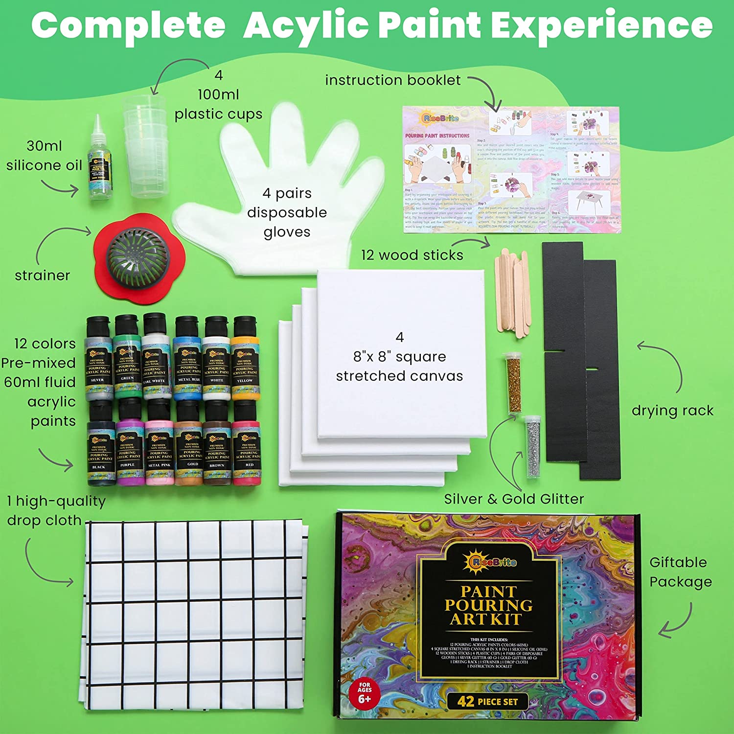 RISEBRITE Acrylic Paint Set with Canvas *€* 25Pcs Painting Kit Includes  Mini Easel, Premium Painting Supplies, Brushes, Art Canvases and More 